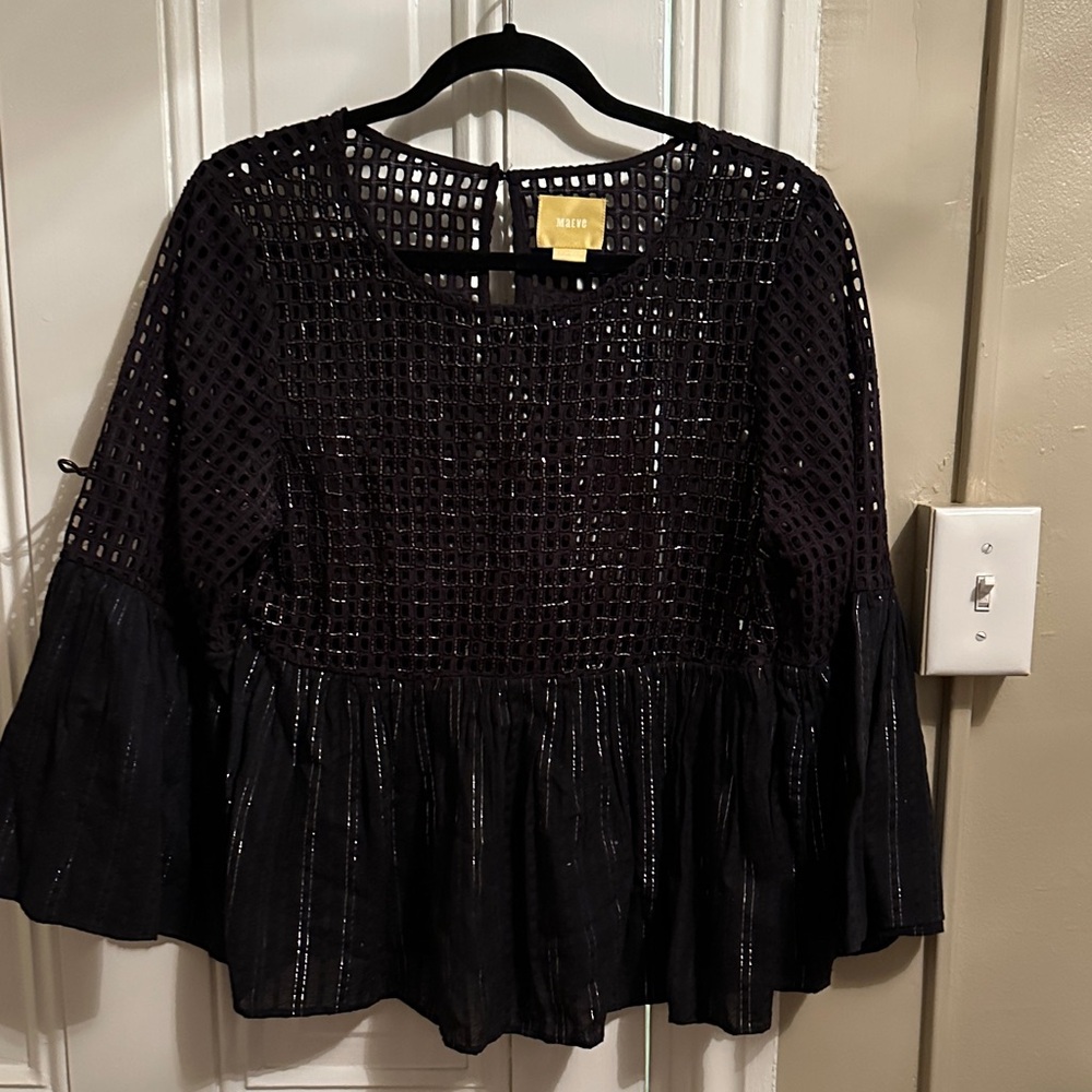 Anthropologie Black Mesh Blouse with Flared Sleeves